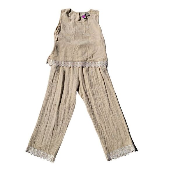 Vintage 2pc Linen Pants Outfit M Elastic High Rise Wide Pockets Lace Trim Tank - Picture 5 of 16